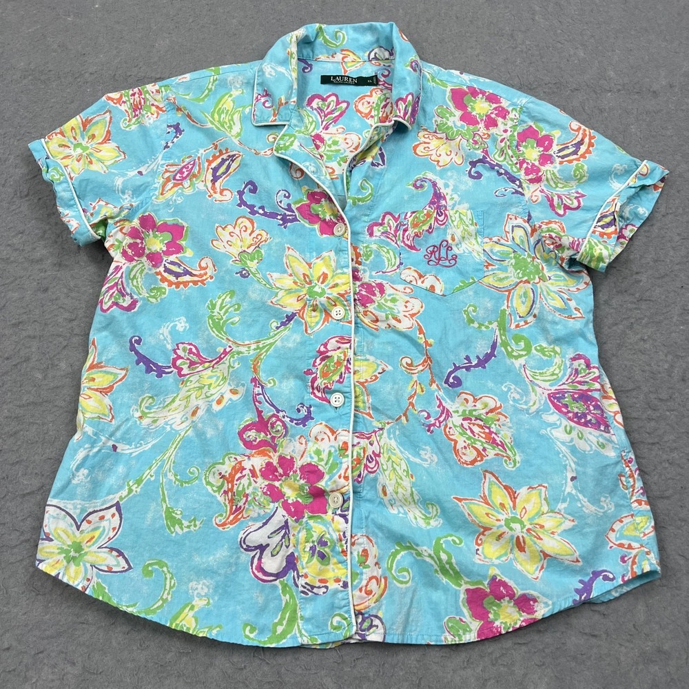 LRL Lauren Ralph Lauren Top Women's XL Blue Floral Jersey Sleep Shirt Button Up